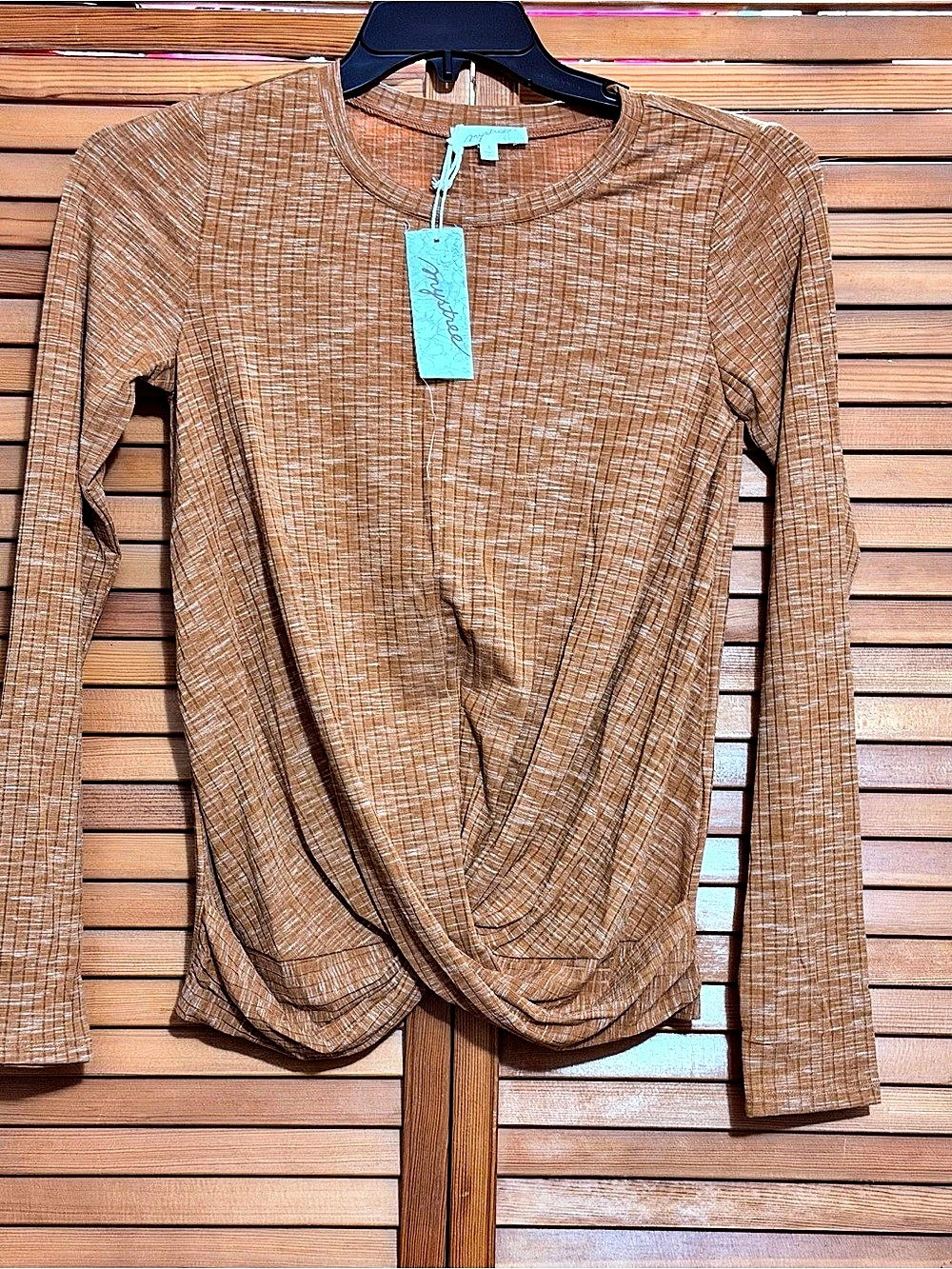 Mystree Long Sleeve Draped Hem Top in Brown Size Small NWT